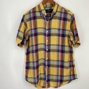 Ralph Lauren Shirt Mens Large Yellow 100% Linen Short Sleeves Lightweight Plaid
